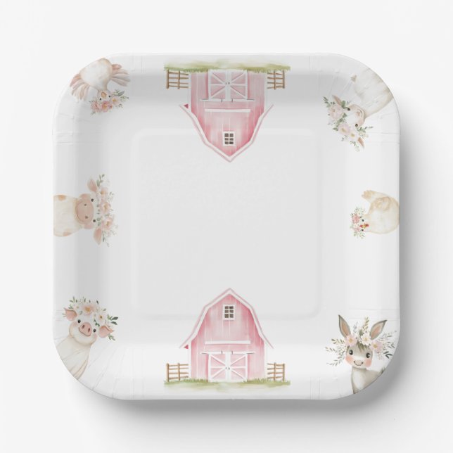 Watercolor Pink Farm Animals Baby Shower Plates (Front)