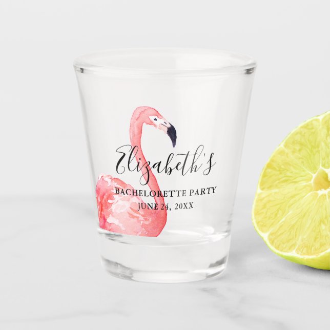 Watercolor Pink Flamingo Bachelorette Party Shot Glass (Front)