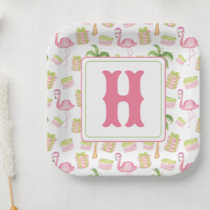 Watercolor Pink Flamingo Beach Christmas Monogram Paper Plate