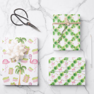Watercolor Pink Flamingo Beach Christmas Wrapping Paper Sheet