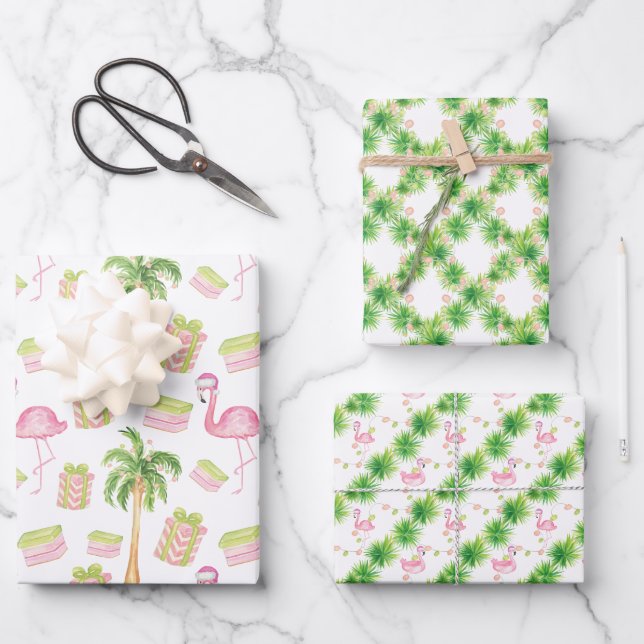 Watercolor Pink Flamingo Beach Christmas Wrapping Paper Sheet (Front)