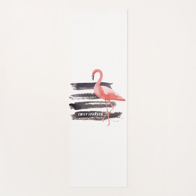 Watercolor Pink Flamingo Brush Strokes Line Custom Yoga Mat (Front)