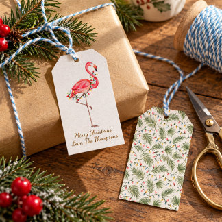 Watercolor Pink Flamingo Christmas Custom  Gift Tags