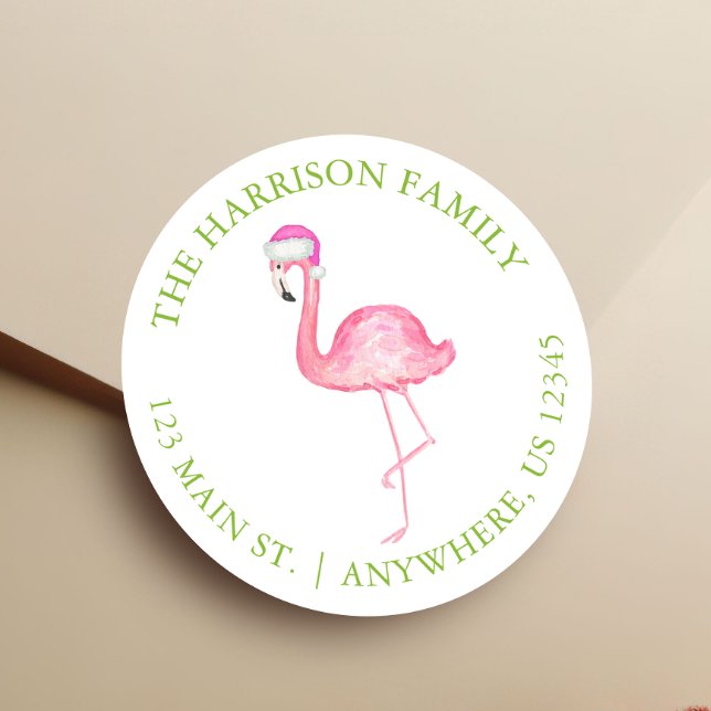 Watercolor Pink Flamingo Christmas Gift Address Classic Round Sticker (Creator Uploaded)