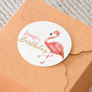 Watercolor Pink Flamingo Gold Birthday   Classic Round Sticker