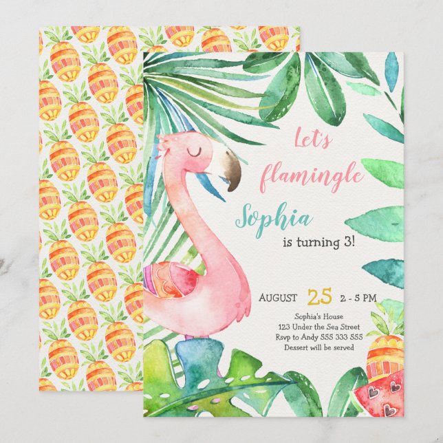 Watercolor Pink Flamingo Let's Flamingle Birthday Invitation (Front/Back)