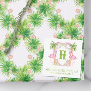 Watercolor Pink Flamingo Monogram Crest Christmas Card