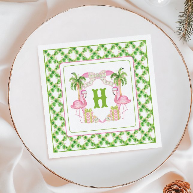 Watercolor Pink Flamingo Monogram Crest Christmas Napkin (Creator Uploaded)