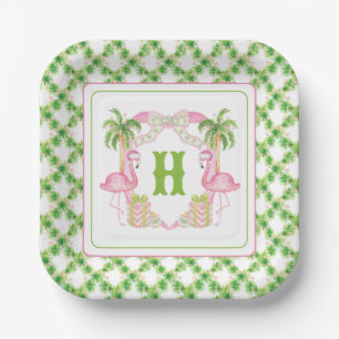 Watercolor Pink Flamingo Monogram Crest Christmas Paper Plate