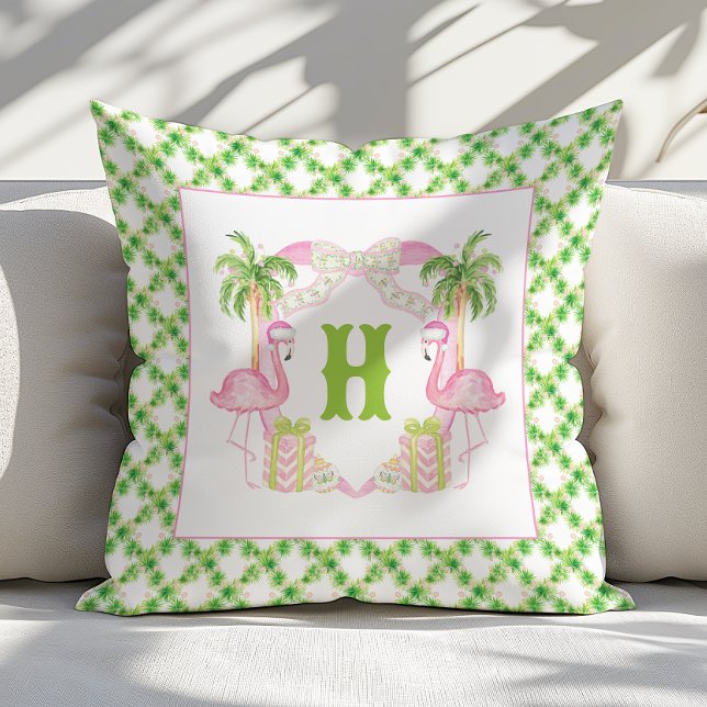 Watercolor Pink Flamingo Monogram Crest Christmas Throw Pillow (Creator Uploaded)