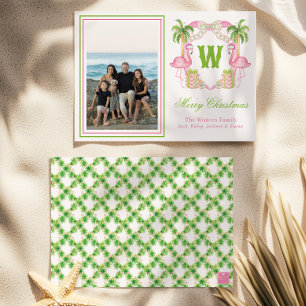 Watercolor Pink Flamingo Monogram Crest Photo Holiday Card