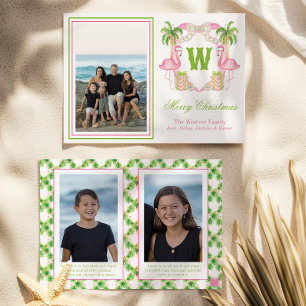 Watercolor Pink Flamingo Monogram Crest Photo Holiday Card