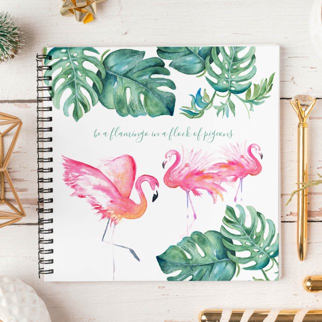 Watercolor Pink Flamingo Monstera Greenery Notebook (Pink flamingo notebooks feature watercolor tropical art by Victoria Grigaliunas Do Tell A Belle)