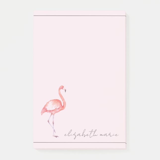 Watercolor Pink Flamingo Personalized Post-it Notes (Front)