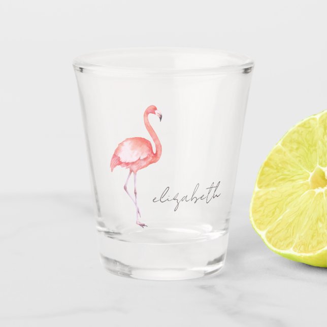 Watercolor Pink Flamingo Personalized Shot Glass (Front)