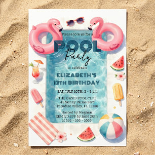 Watercolor Pink Flamingo Teen Summer Pool Party Invitation