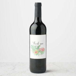 Watercolor pink Flamingo & Tropical Greenery  Wine Label