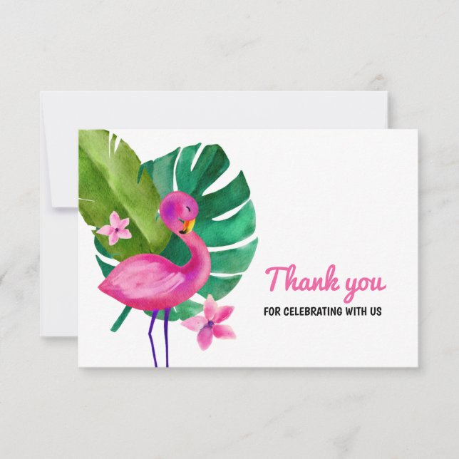 Watercolor Pink Flamingo Tropical Thank You Card (Front)
