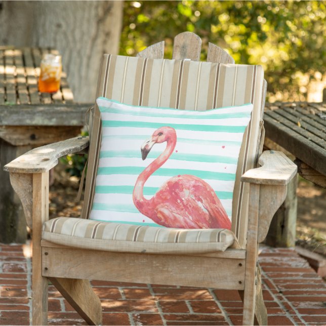 Watercolor Pink Flamingo with Teal Stripes Outdoor Pillow (Chair)