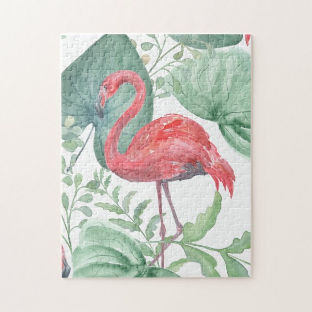 Watercolor Pink flamingos and leaves. Jigsaw Puzzle (Vertical)
