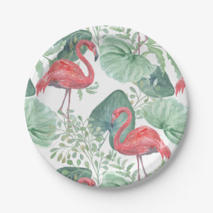 Watercolor Pink flamingos and leaves. Paper Plate