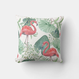 Watercolor Pink flamingos and leaves. Throw Pillow