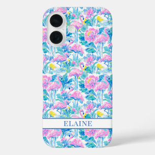 Watercolor Pink Flamingos Monogrammed iPhone 16 Case