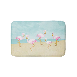 Watercolor Pink Flamingos on the Beach Bath Mat