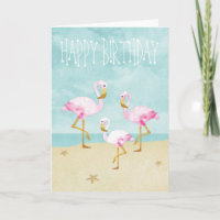 Watercolor Pink Flamingos on the Beach
