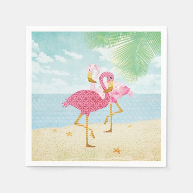 Watercolor Pink Flamingos on the Beach Napkin (Front)