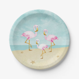 Watercolor Pink Flamingos on the Beach Paper Plate