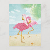 Watercolor Pink Flamingos on the Beach