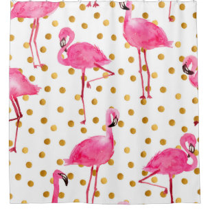 Watercolor pink flamingos with golden dots seamles