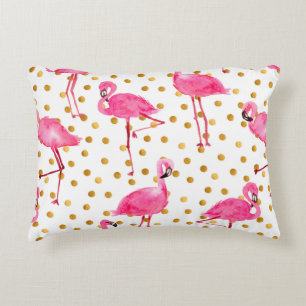Watercolor pink flamingos with golden dots seamles accent pillow