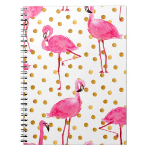 Watercolor pink flamingos with golden dots seamles notebook