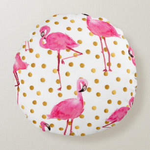 Watercolor pink flamingos with golden dots seamles round pillow