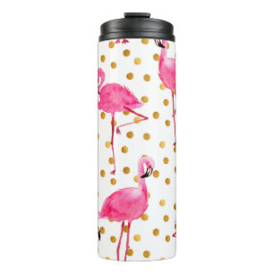 Watercolor pink flamingos with golden dots seamles thermal tumbler