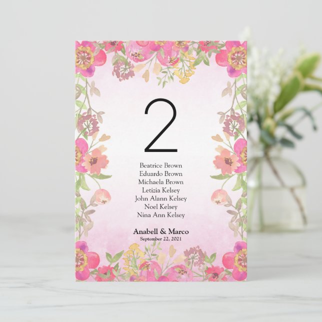 Watercolor pink floral 5"x7" Table number (Standing Front)
