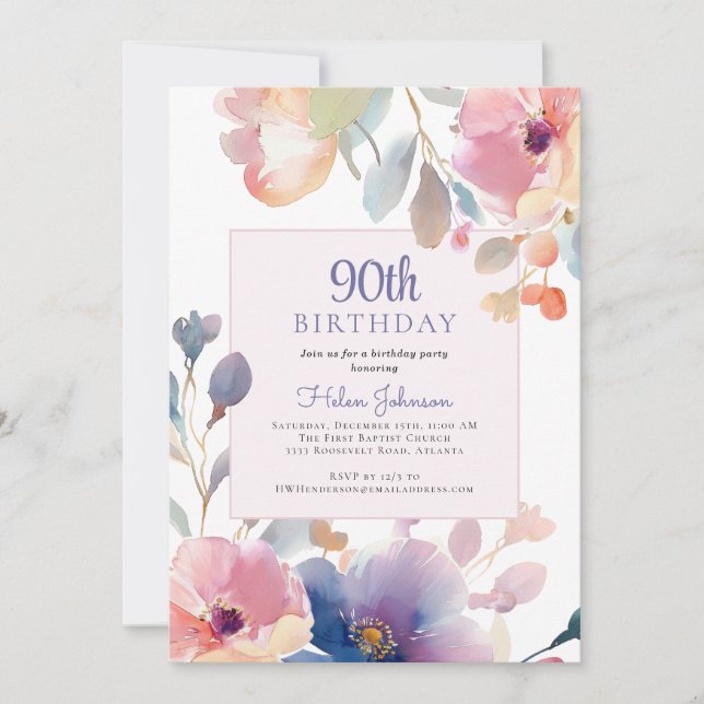 Watercolor Pink Floral 90th Birthday Party Invitation (Front)