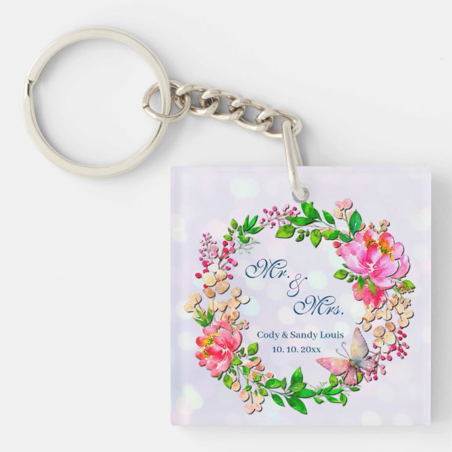 Watercolor Pink Floral and Butterfly Spring Throw  Keychain (Front)