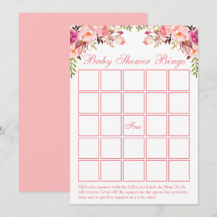 Watercolor Pink Floral Baby Shower Bingo Card