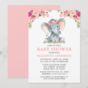 Watercolor Pink Floral Baby Shower Elephant Invitation