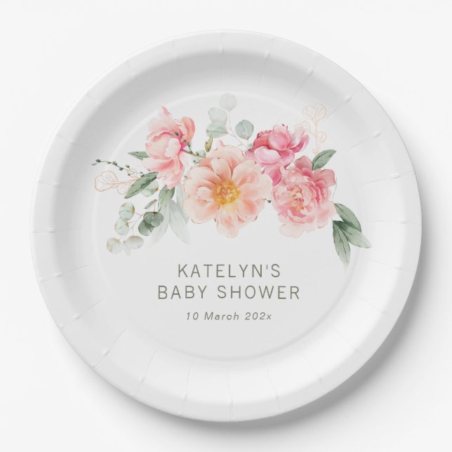 watercolor pink floral baby shower  paper plate (Front)