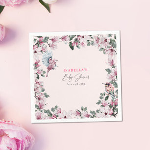 Watercolor Pink Floral & Birds Baby Shower Napkin