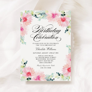 Watercolor Pink Floral Birthday Invitation