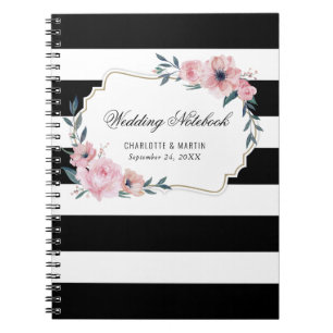 Watercolor Pink Floral Black Striped Wedding Notebook