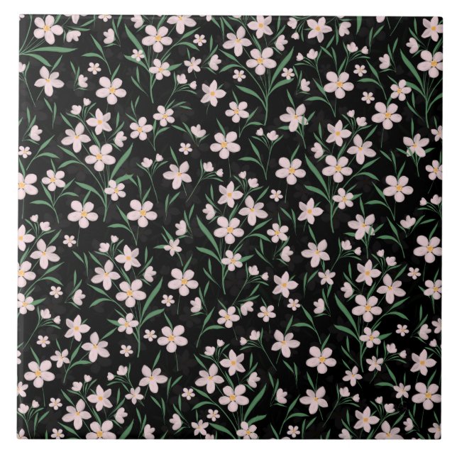 Watercolor Pink Floral Botanical Black Pattern Tile (Front)