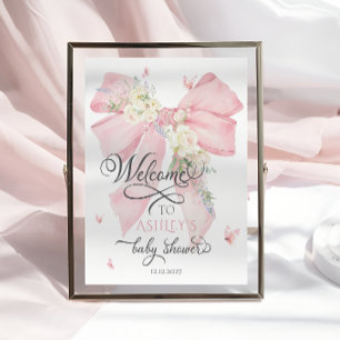 Watercolor Pink Floral Bow Baby Shower Welcome  Poster