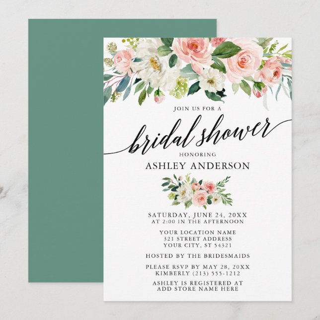 Watercolor Pink Floral Bridal Shower Calligraphy Invitation (Front/Back)