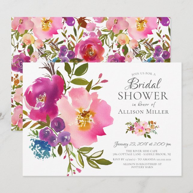Watercolor Pink Floral Bridal Shower Invitations (Front/Back)